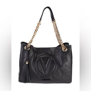 Valentino Verra Logo Leather Tote Black